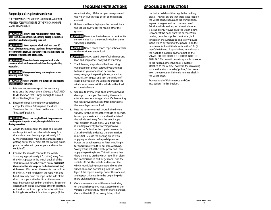 Spooling instructions | WARN ZEON 8-S Synthetic Rope User Manual | Page 5 / 50