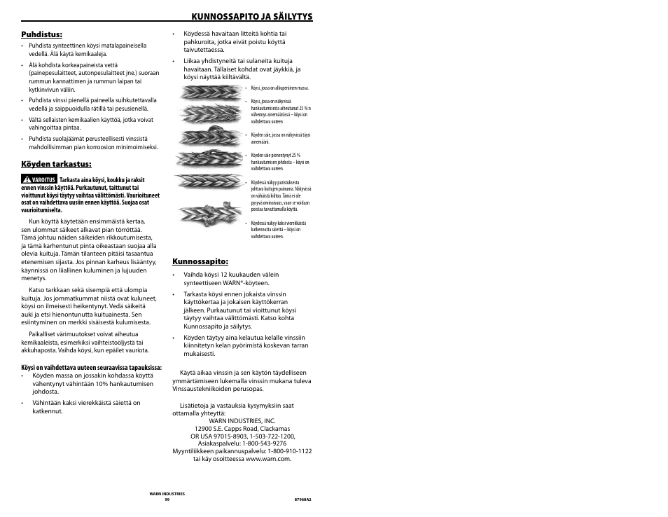 Kunnossapito ja säilytys | WARN ZEON 8-S Synthetic Rope User Manual | Page 50 / 50