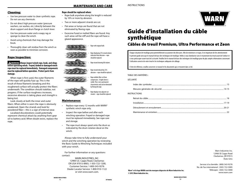 Guide d'installation du câble synthétique, Maintenance and care | WARN ZEON 8-S Synthetic Rope User Manual | Page 6 / 50