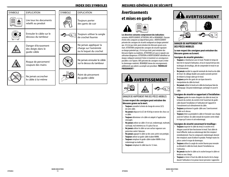 Avertissements et mises en garde, Avertissement | WARN ZEON 8-S Synthetic Rope User Manual | Page 7 / 50