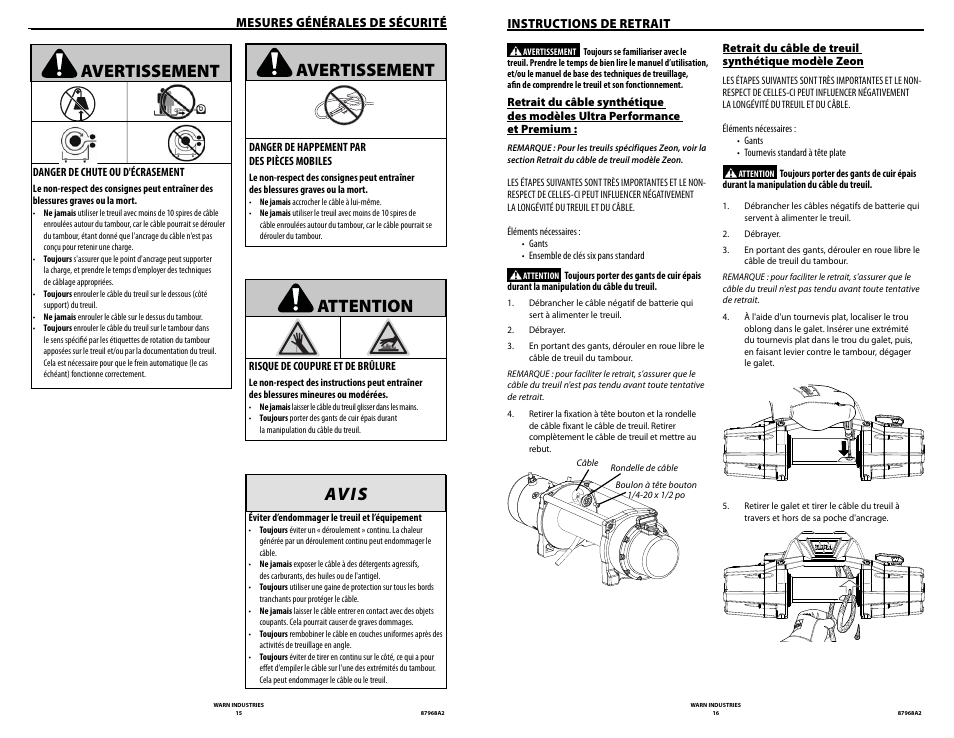 Avertissement, Av i s, Attention | WARN ZEON 8-S Synthetic Rope User Manual | Page 8 / 50