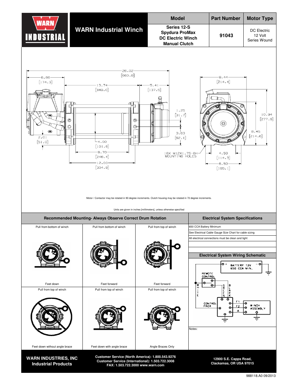 Warn industrial winch, Model part number motor type | WARN S-12 Series Spydura ProMax User Manual | Page 2 / 2