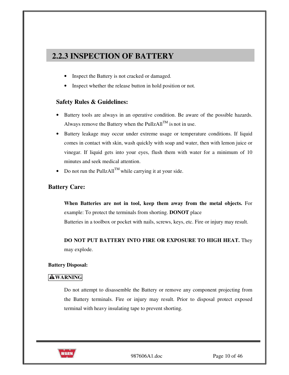 3 inspection of battery | WARN PullzAll SERVICE GUIDE 885005 & 885006 User Manual | Page 10 / 46