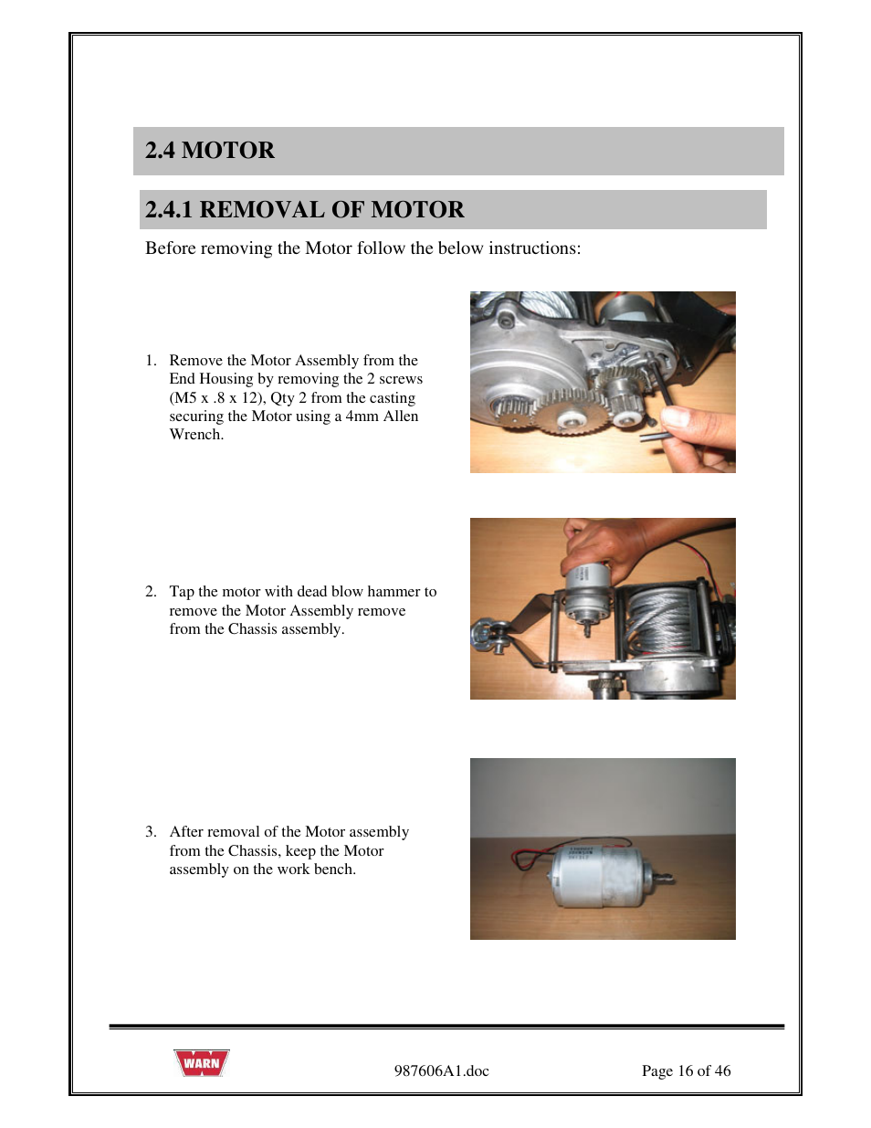 4 motor, 1 removal of motor | WARN PullzAll SERVICE GUIDE 885005 & 885006 User Manual | Page 16 / 46