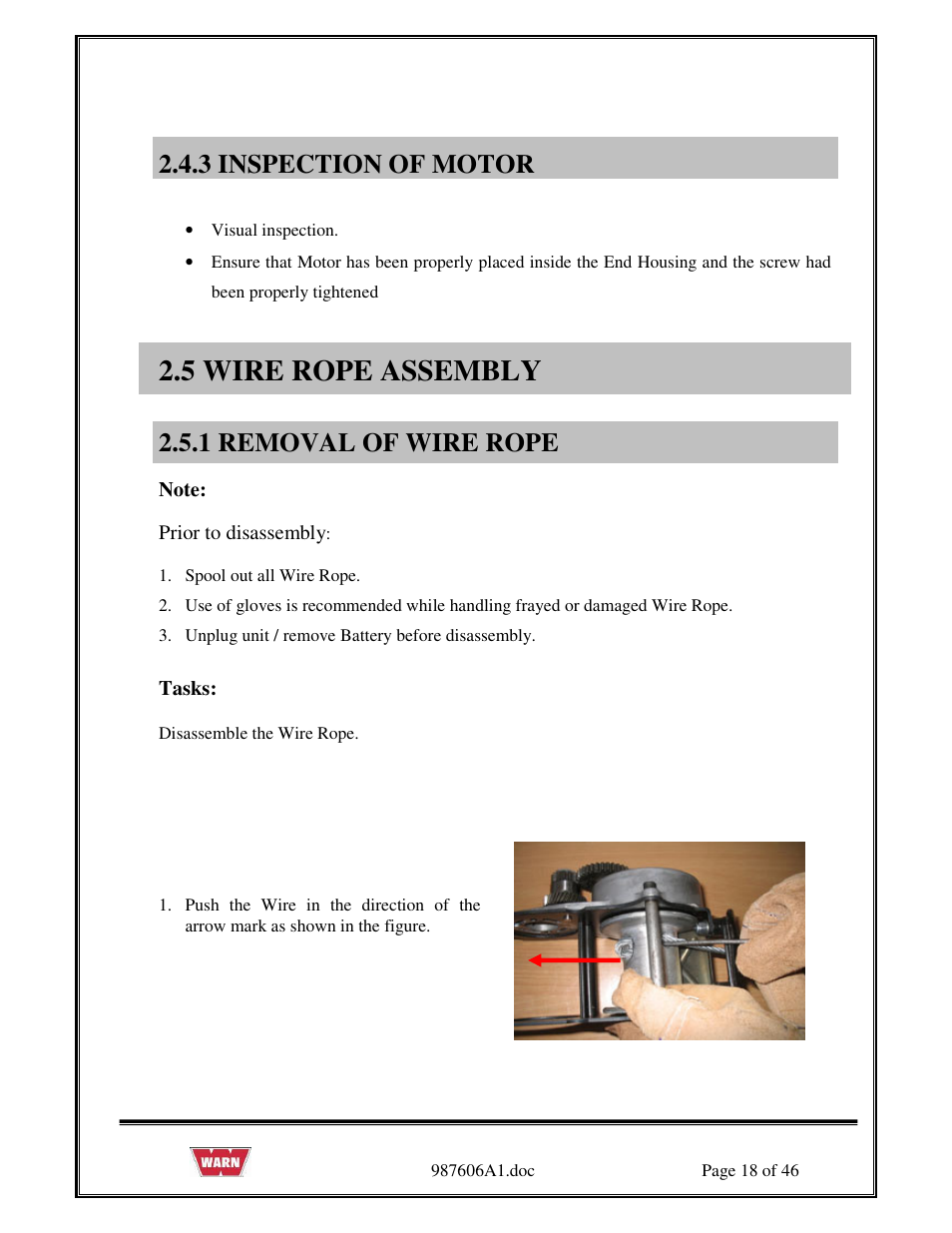 5 wire rope assembly, 3 inspection of motor, 1 removal of wire rope | WARN PullzAll SERVICE GUIDE 885005 & 885006 User Manual | Page 18 / 46