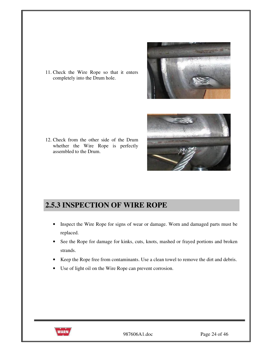 3 inspection of wire rope | WARN PullzAll SERVICE GUIDE 885005 & 885006 User Manual | Page 24 / 46