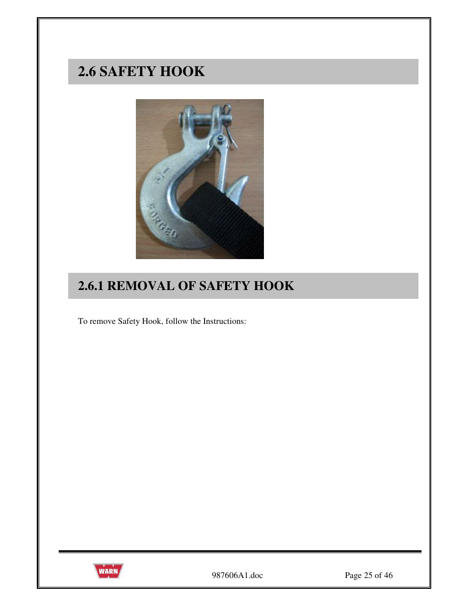 6 safety hook, 1 removal of safety hook | WARN PullzAll SERVICE GUIDE 885005 & 885006 User Manual | Page 25 / 46