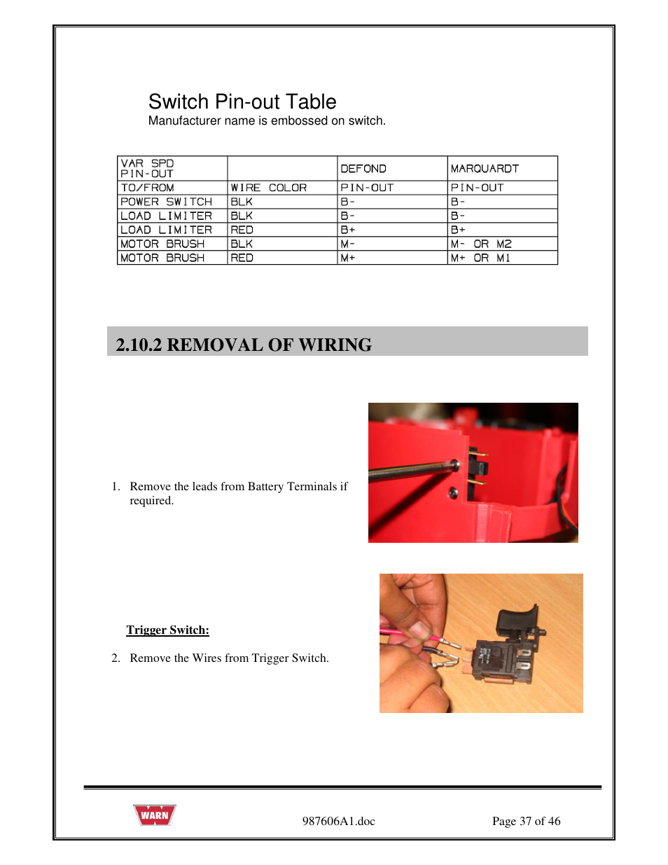 Switch pin-out table, 2 removal of wiring | WARN PullzAll SERVICE GUIDE 885005 & 885006 User Manual | Page 37 / 46
