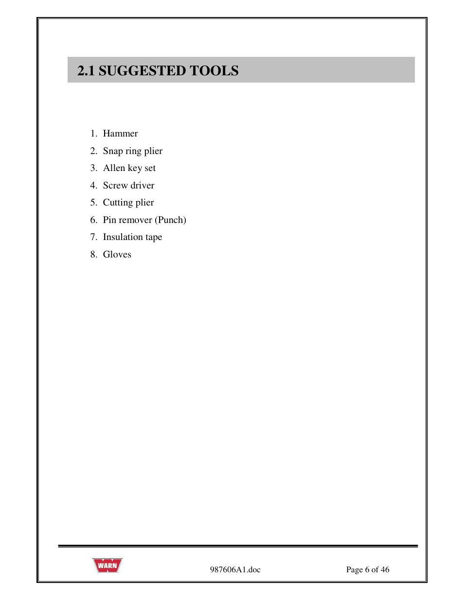 1 suggested tools | WARN PullzAll SERVICE GUIDE 885005 & 885006 User Manual | Page 6 / 46