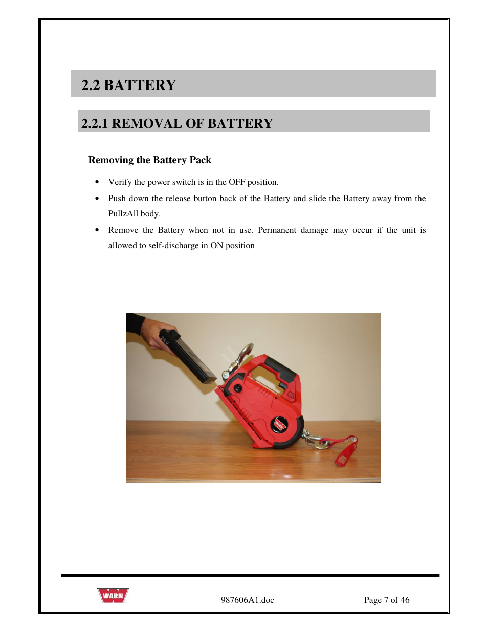 2 battery, 1 removal of battery | WARN PullzAll SERVICE GUIDE 885005 & 885006 User Manual | Page 7 / 46