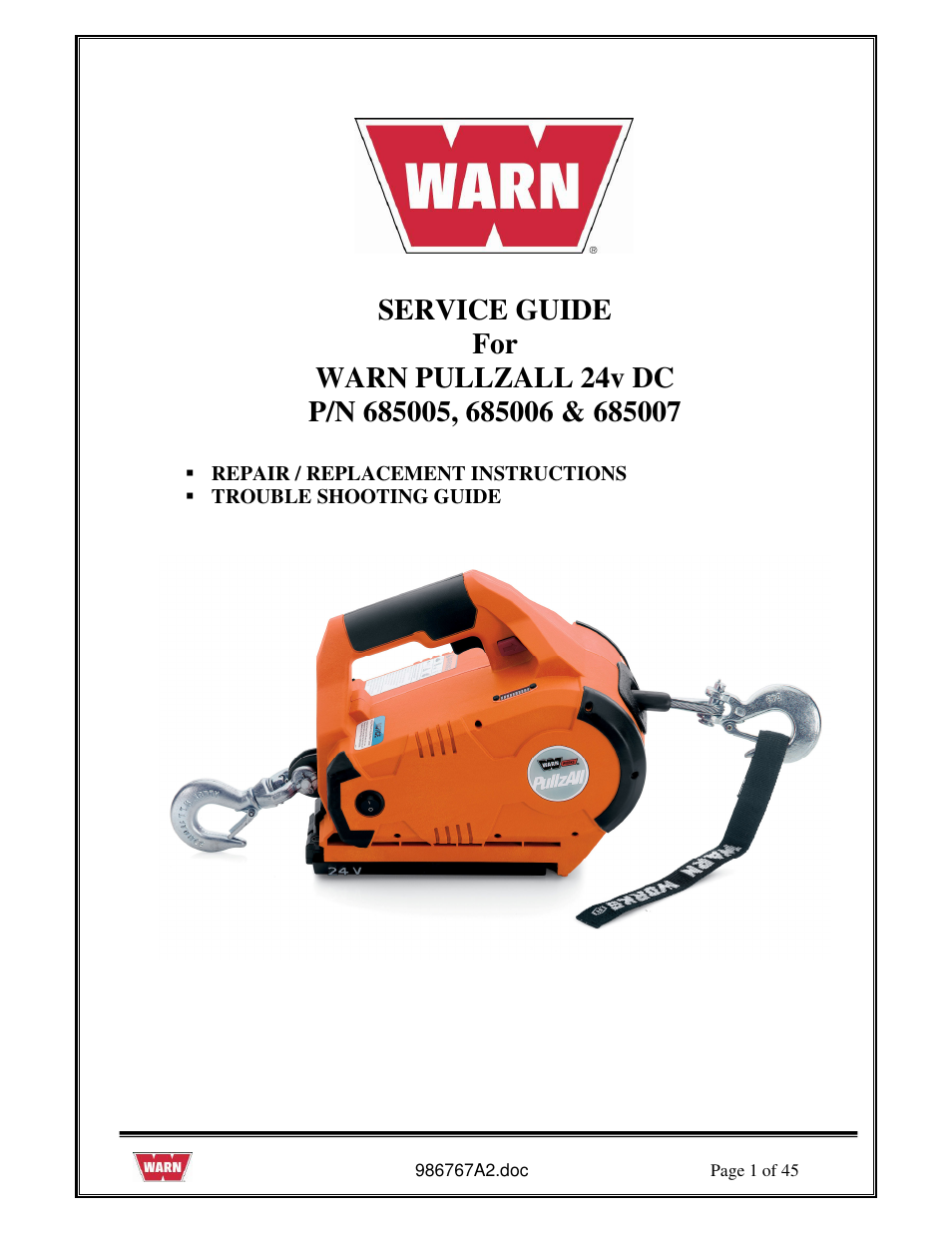 WARN PullzAll SERVICE GUIDE 685005, 685006 & 685007 User Manual | 45 pages