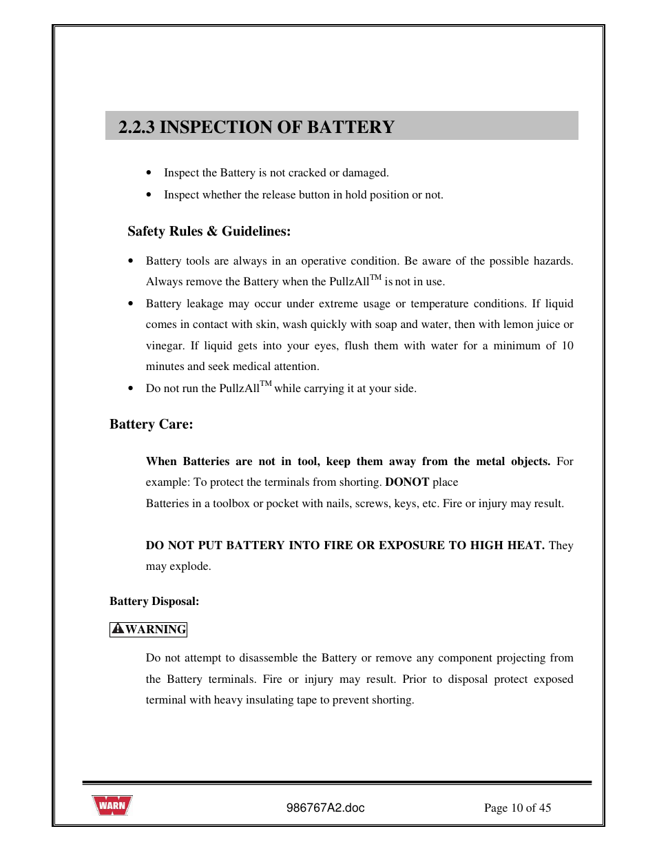 3 inspection of battery | WARN PullzAll SERVICE GUIDE 685005, 685006 & 685007 User Manual | Page 10 / 45