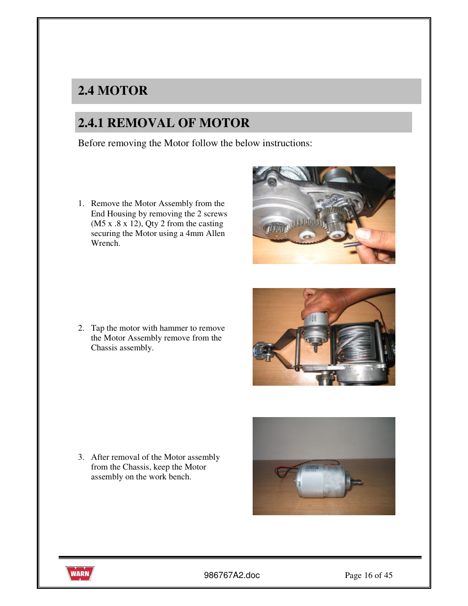 4 motor, 1 removal of motor | WARN PullzAll SERVICE GUIDE 685005, 685006 & 685007 User Manual | Page 16 / 45