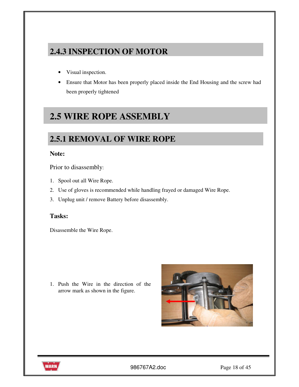 5 wire rope assembly, 3 inspection of motor, 1 removal of wire rope | WARN PullzAll SERVICE GUIDE 685005, 685006 & 685007 User Manual | Page 18 / 45