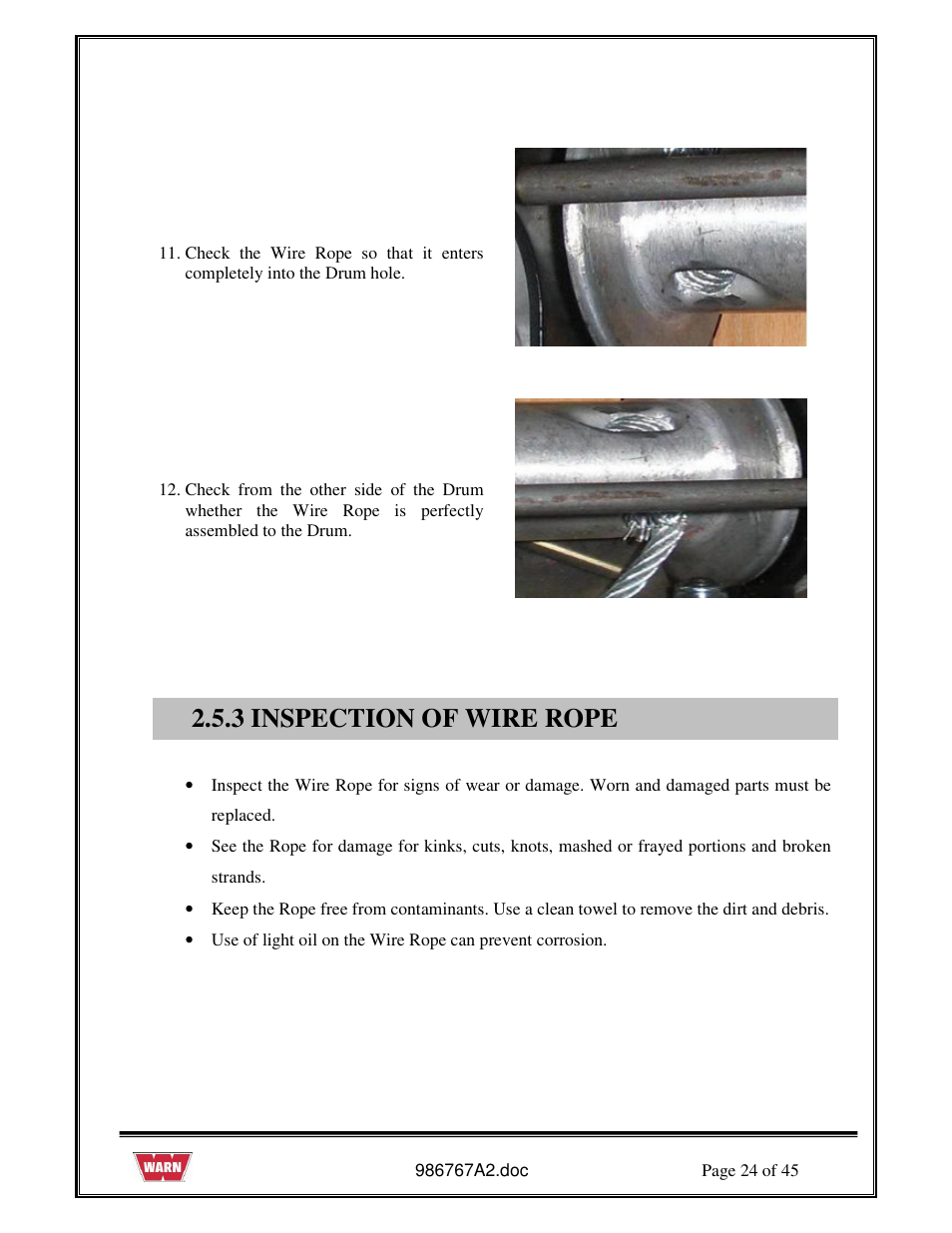 3 inspection of wire rope | WARN PullzAll SERVICE GUIDE 685005, 685006 & 685007 User Manual | Page 24 / 45