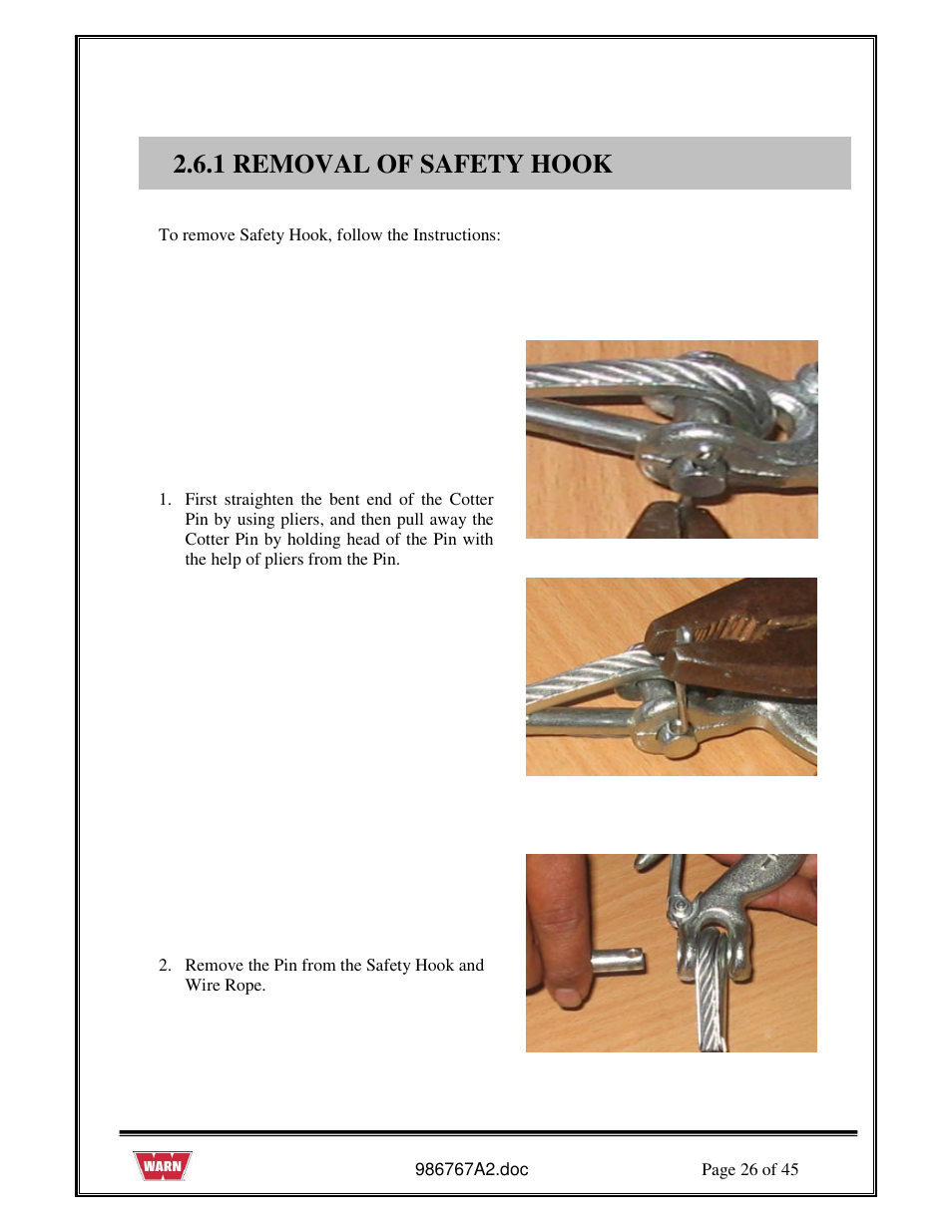 1 removal of safety hook | WARN PullzAll SERVICE GUIDE 685005, 685006 & 685007 User Manual | Page 26 / 45