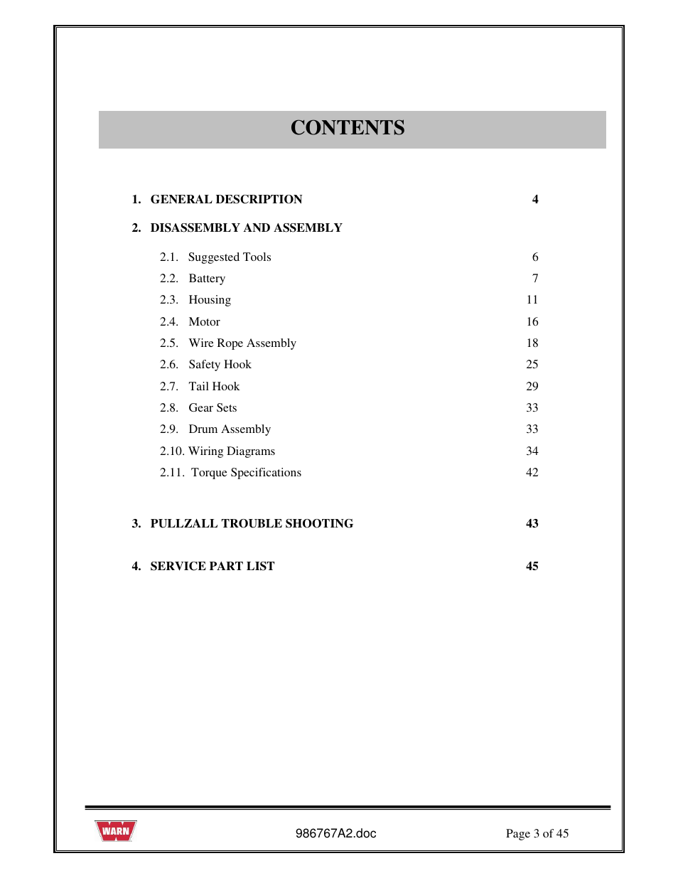 WARN PullzAll SERVICE GUIDE 685005, 685006 & 685007 User Manual | Page 3 / 45