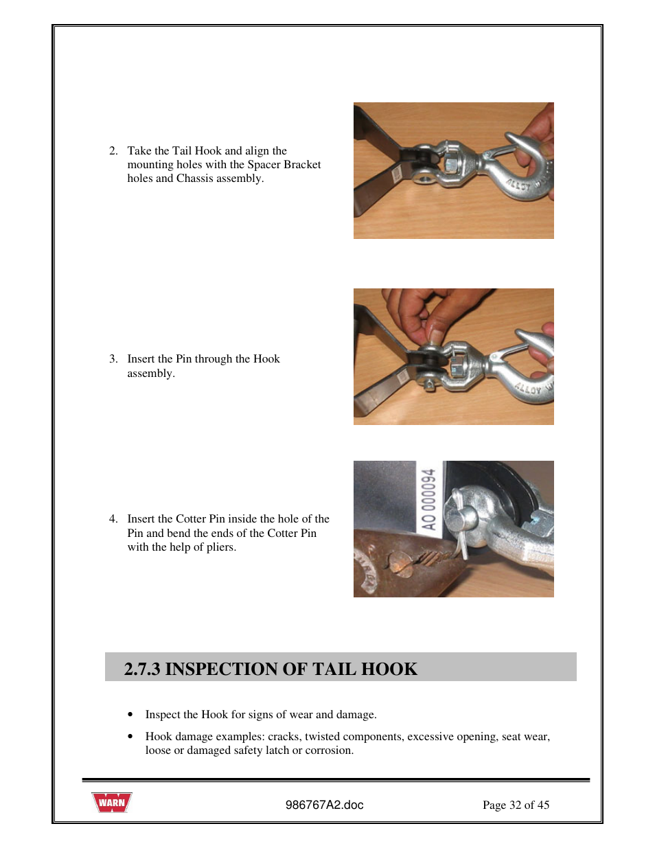 3 inspection of tail hook | WARN PullzAll SERVICE GUIDE 685005, 685006 & 685007 User Manual | Page 32 / 45