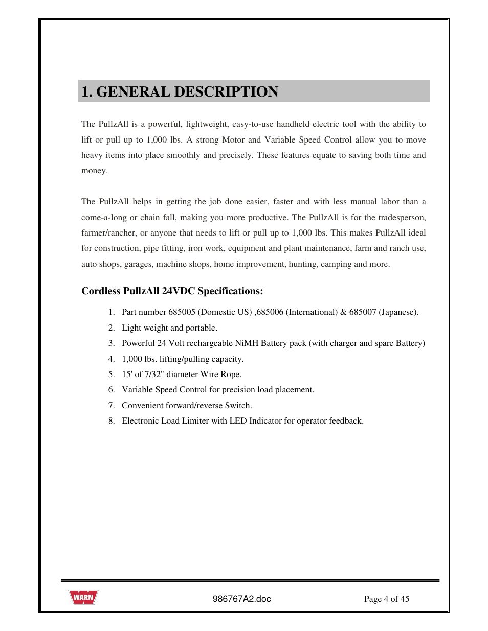 General description | WARN PullzAll SERVICE GUIDE 685005, 685006 & 685007 User Manual | Page 4 / 45