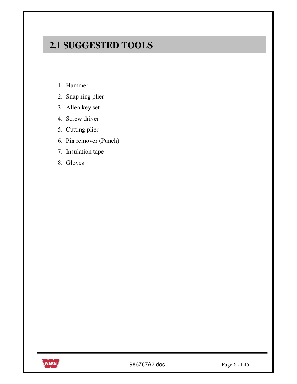 1 suggested tools | WARN PullzAll SERVICE GUIDE 685005, 685006 & 685007 User Manual | Page 6 / 45