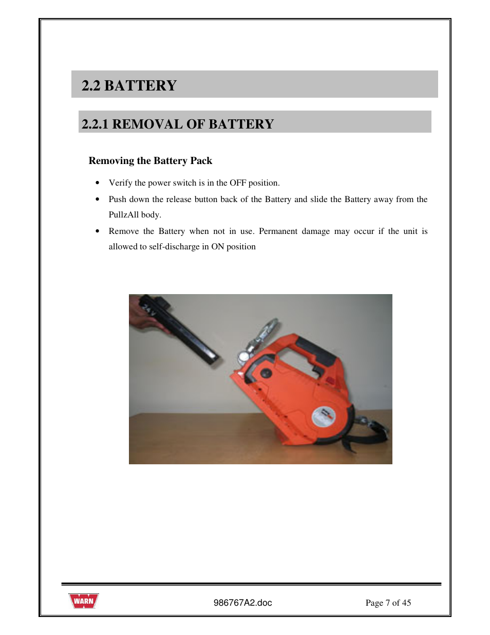 2 battery, 1 removal of battery | WARN PullzAll SERVICE GUIDE 685005, 685006 & 685007 User Manual | Page 7 / 45