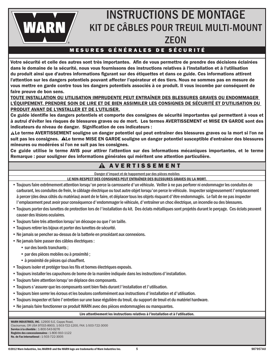 Instructions de montage, Kit de câbles pour treuil multi-mount zeon | WARN ZEON 10 User Manual | Page 5 / 12