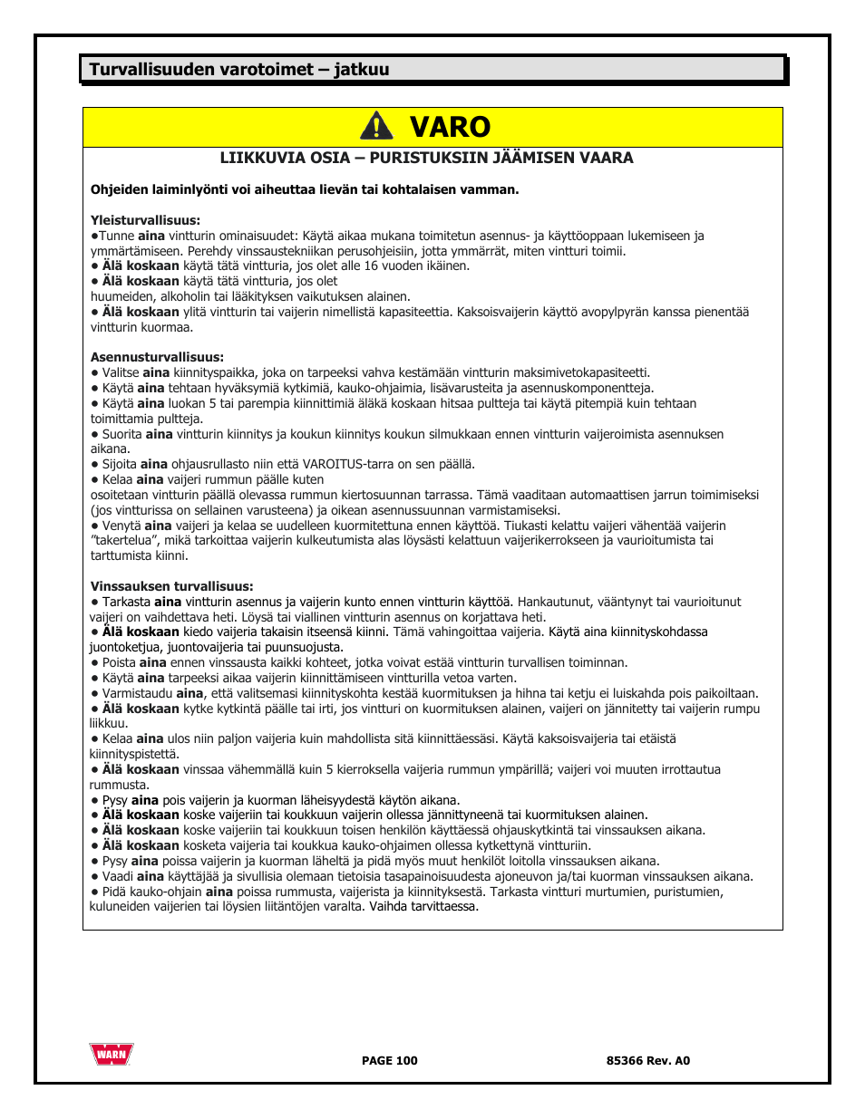 Varo | WARN 3000 ACI User Manual | Page 100 / 144