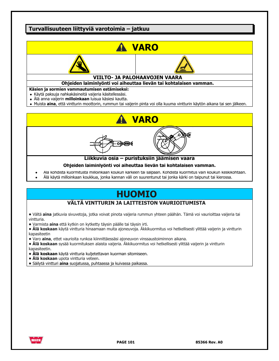 Varo, Huomio | WARN 3000 ACI User Manual | Page 101 / 144