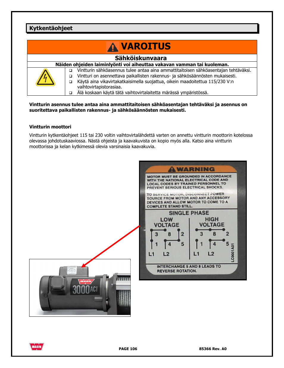 Varoitus, Sähköiskunvaara | WARN 3000 ACI User Manual | Page 106 / 144