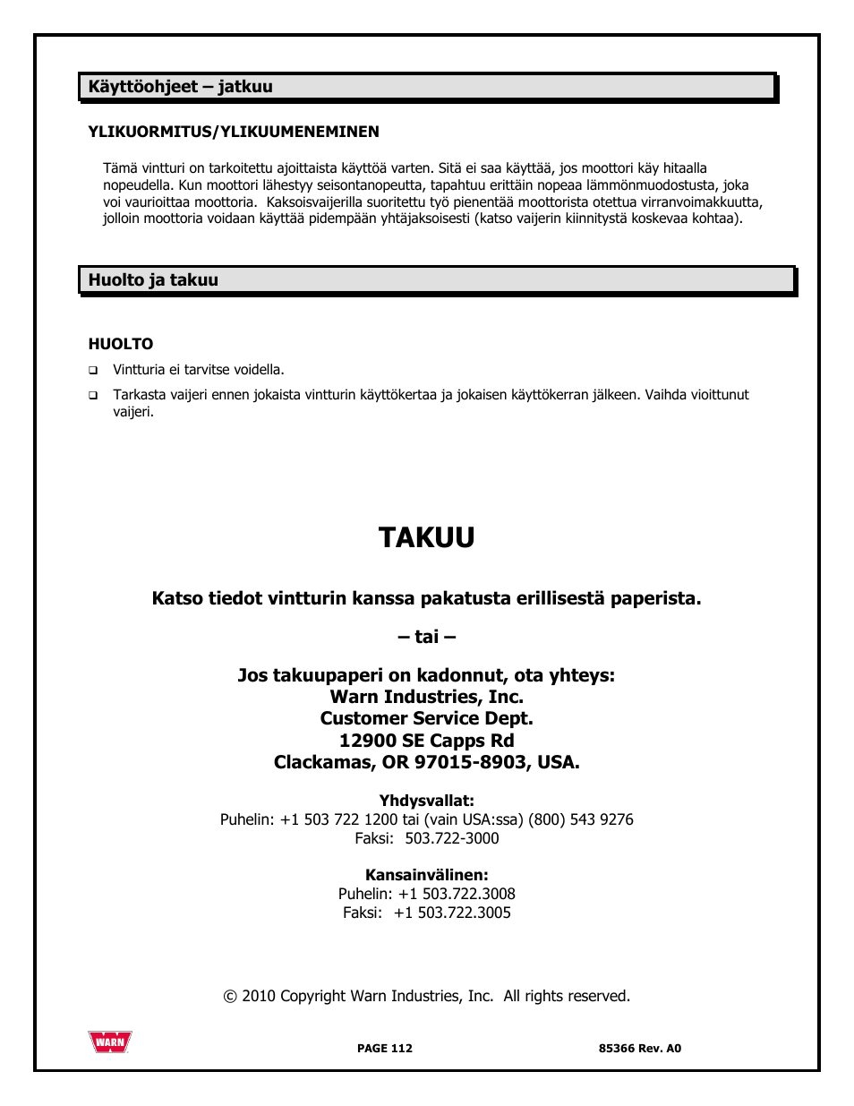 Takuu | WARN 3000 ACI User Manual | Page 112 / 144