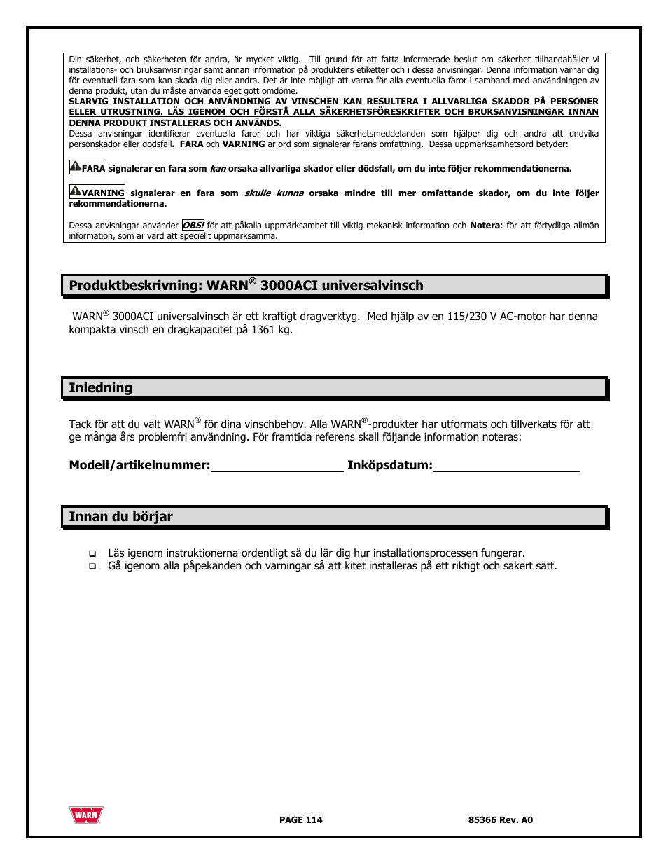 Produktbeskrivning: warn, 3000aci universalvinsch, Inledning | Innan du börjar | WARN 3000 ACI User Manual | Page 114 / 144