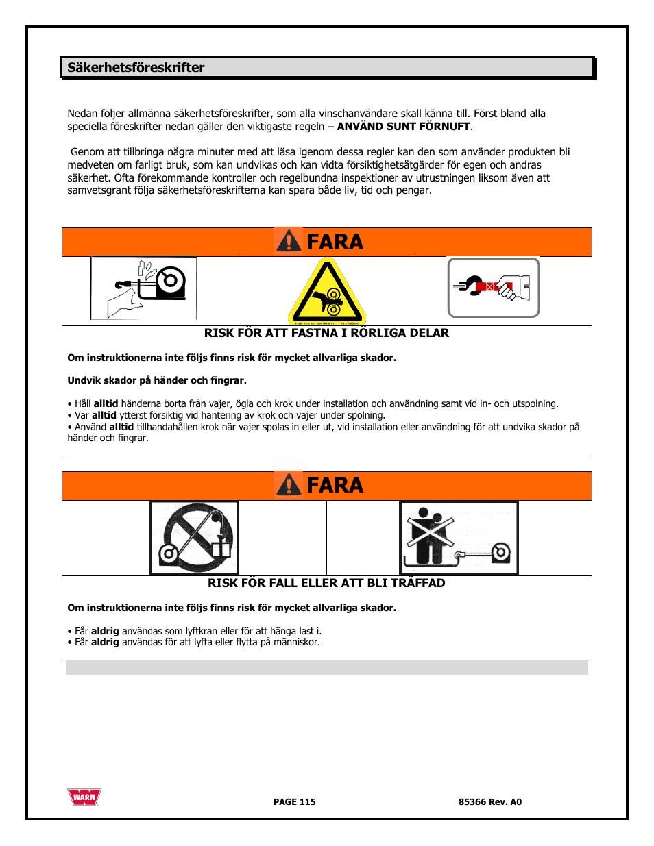Fara | WARN 3000 ACI User Manual | Page 115 / 144