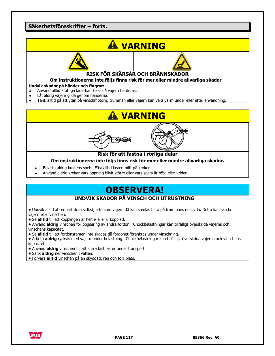 Varning, Observera | WARN 3000 ACI User Manual | Page 117 / 144