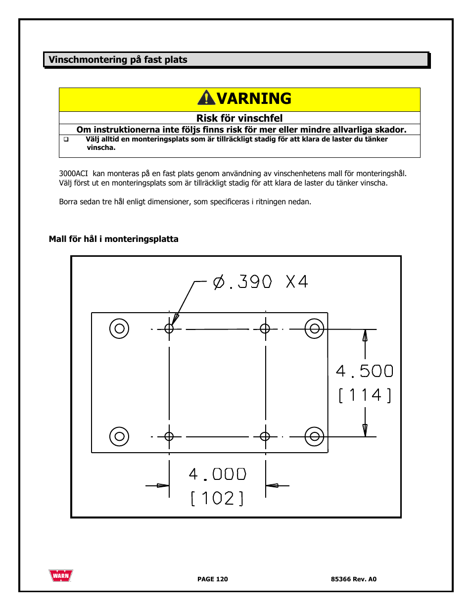 Varning | WARN 3000 ACI User Manual | Page 120 / 144