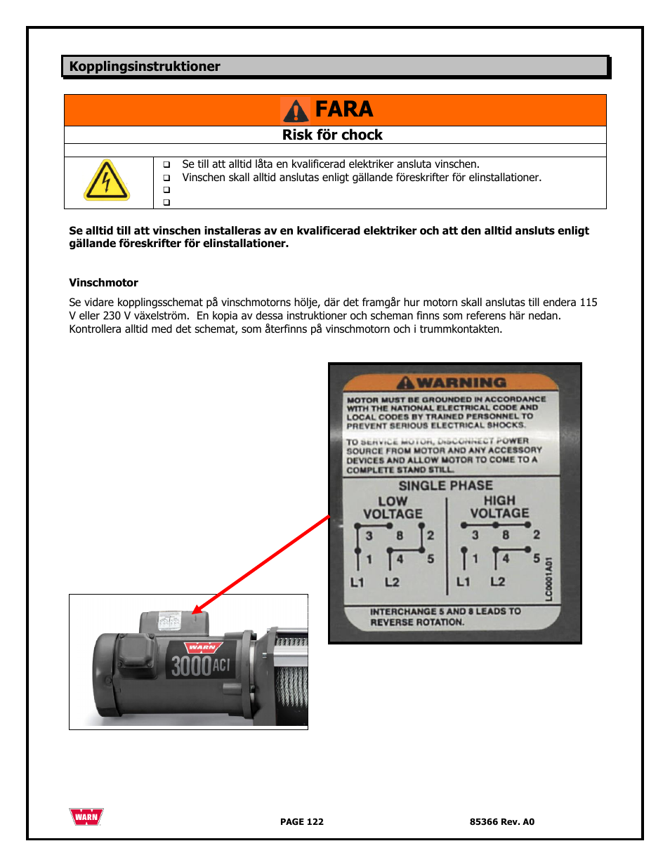 Fara, Risk för chock | WARN 3000 ACI User Manual | Page 122 / 144