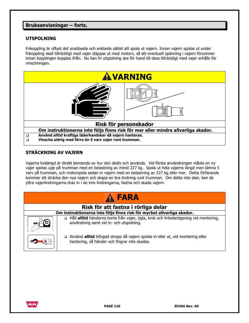 Varning, Fara, Risk för personskador | Risk för att fastna i rörliga delar | WARN 3000 ACI User Manual | Page 126 / 144