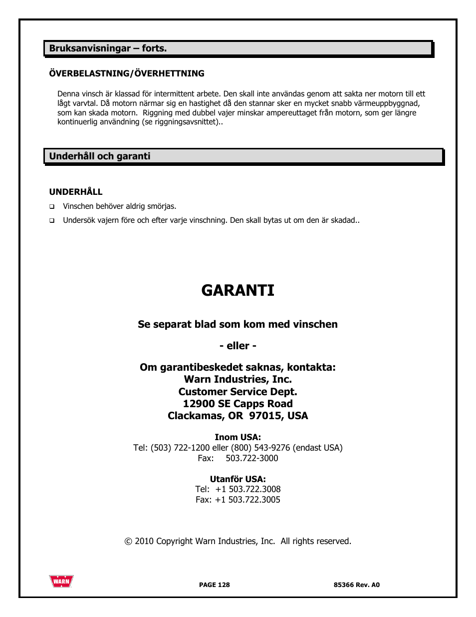 Garanti | WARN 3000 ACI User Manual | Page 128 / 144
