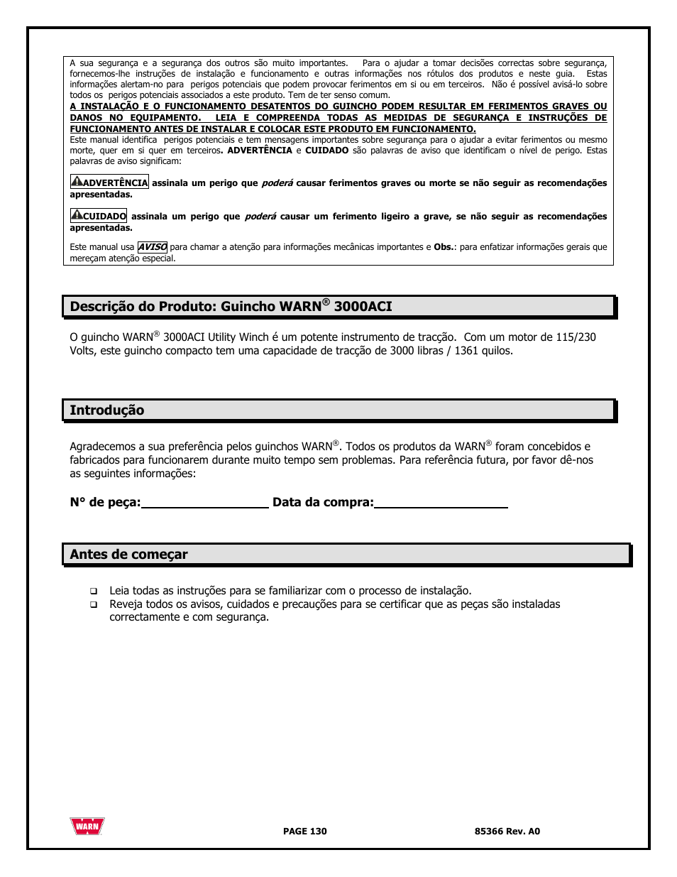 Descrição do produto: guincho warn, 3000aci, Introdução | Antes de começar | WARN 3000 ACI User Manual | Page 130 / 144