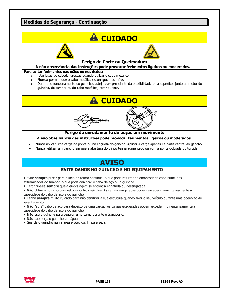 Cuidado, Aviso | WARN 3000 ACI User Manual | Page 133 / 144