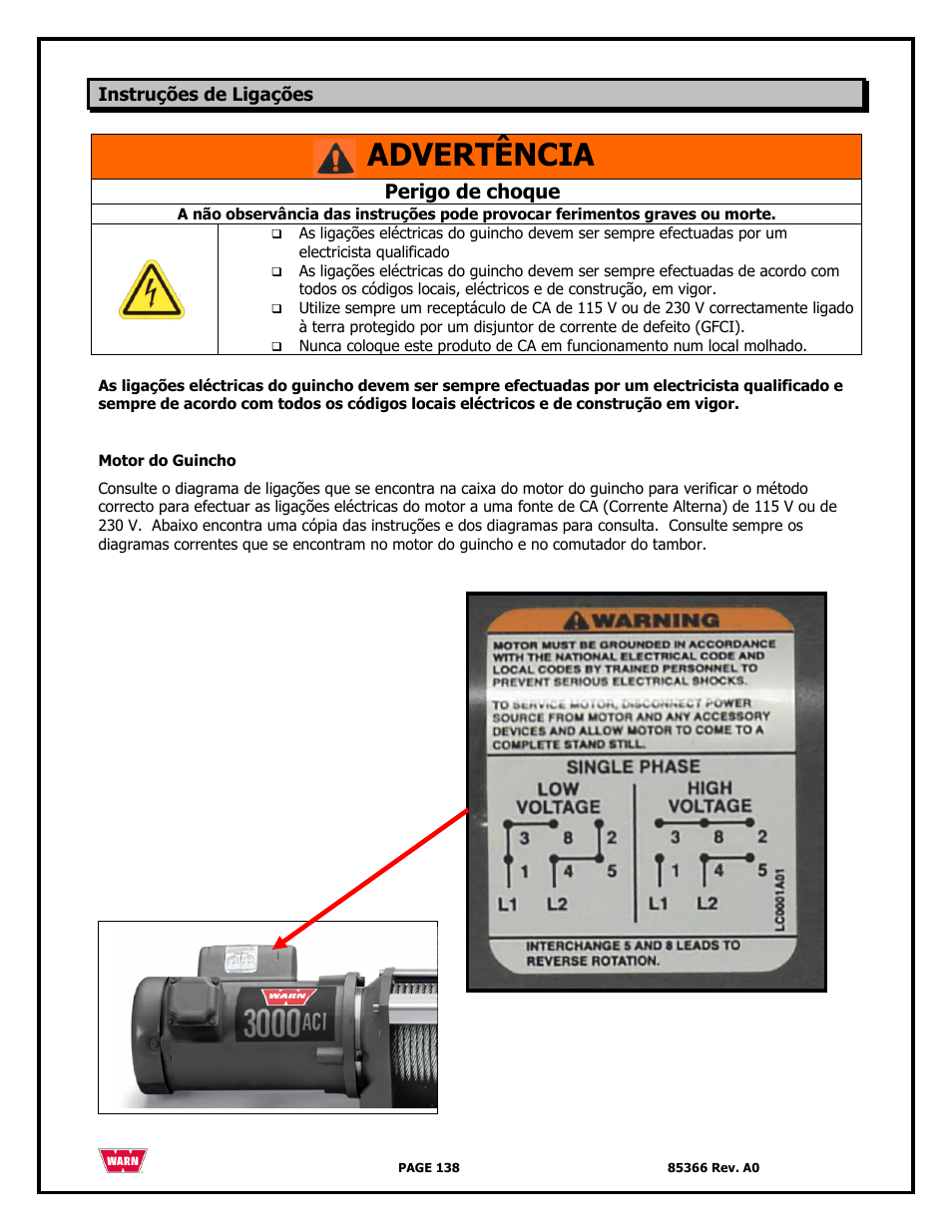 Advertência, Perigo de choque | WARN 3000 ACI User Manual | Page 138 / 144