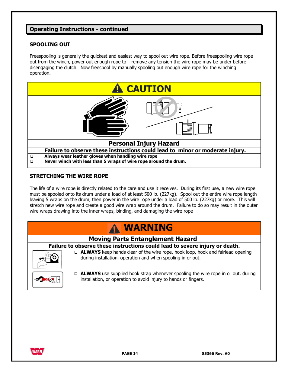 Caution, Warning, Personal injury hazard | Moving parts entanglement hazard | WARN 3000 ACI User Manual | Page 14 / 144