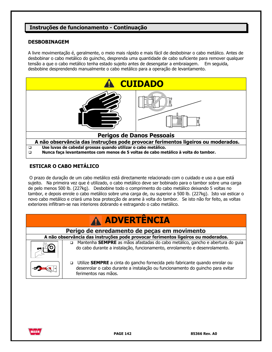 Cuidado, Advertência, Perigos de danos pessoais | Perigo de enredamento de peças em movimento | WARN 3000 ACI User Manual | Page 142 / 144