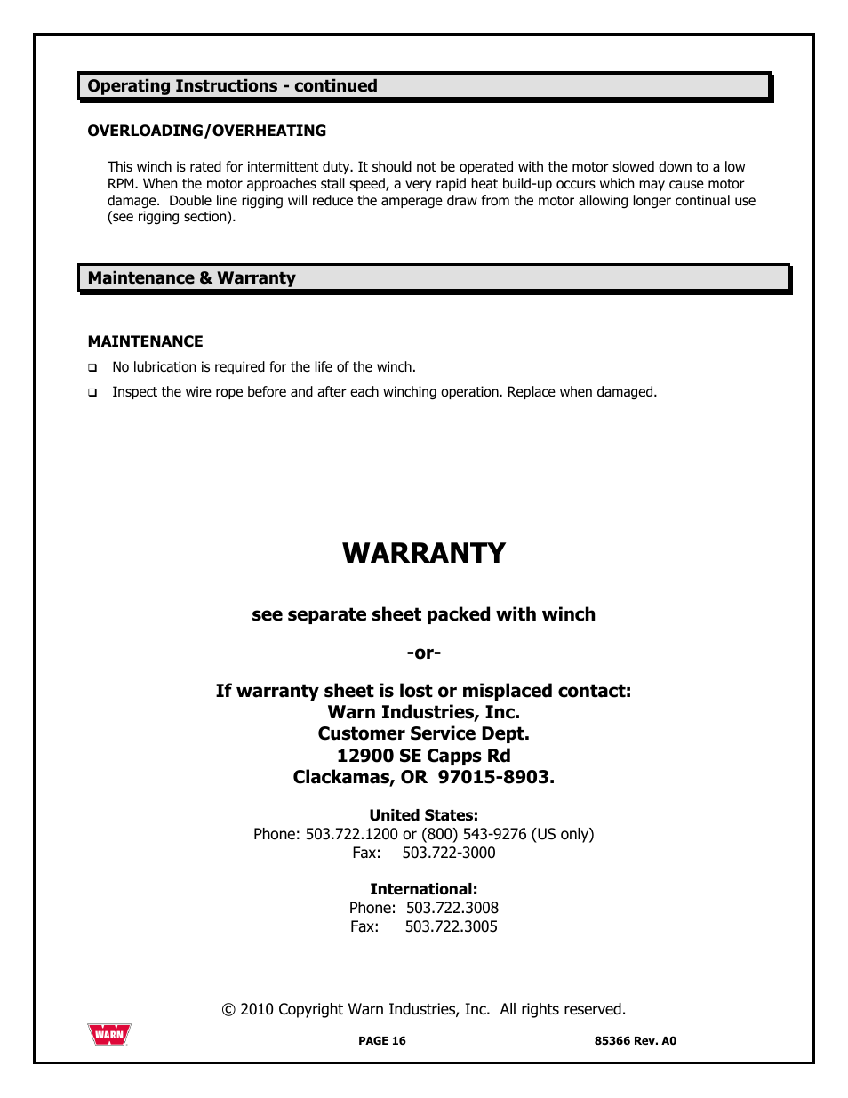 Warranty | WARN 3000 ACI User Manual | Page 16 / 144