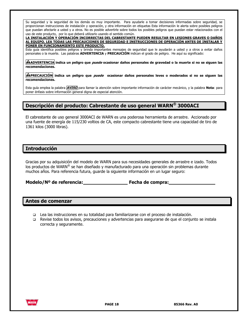 3000aci, Introducción, Antes de comenzar | WARN 3000 ACI User Manual | Page 18 / 144