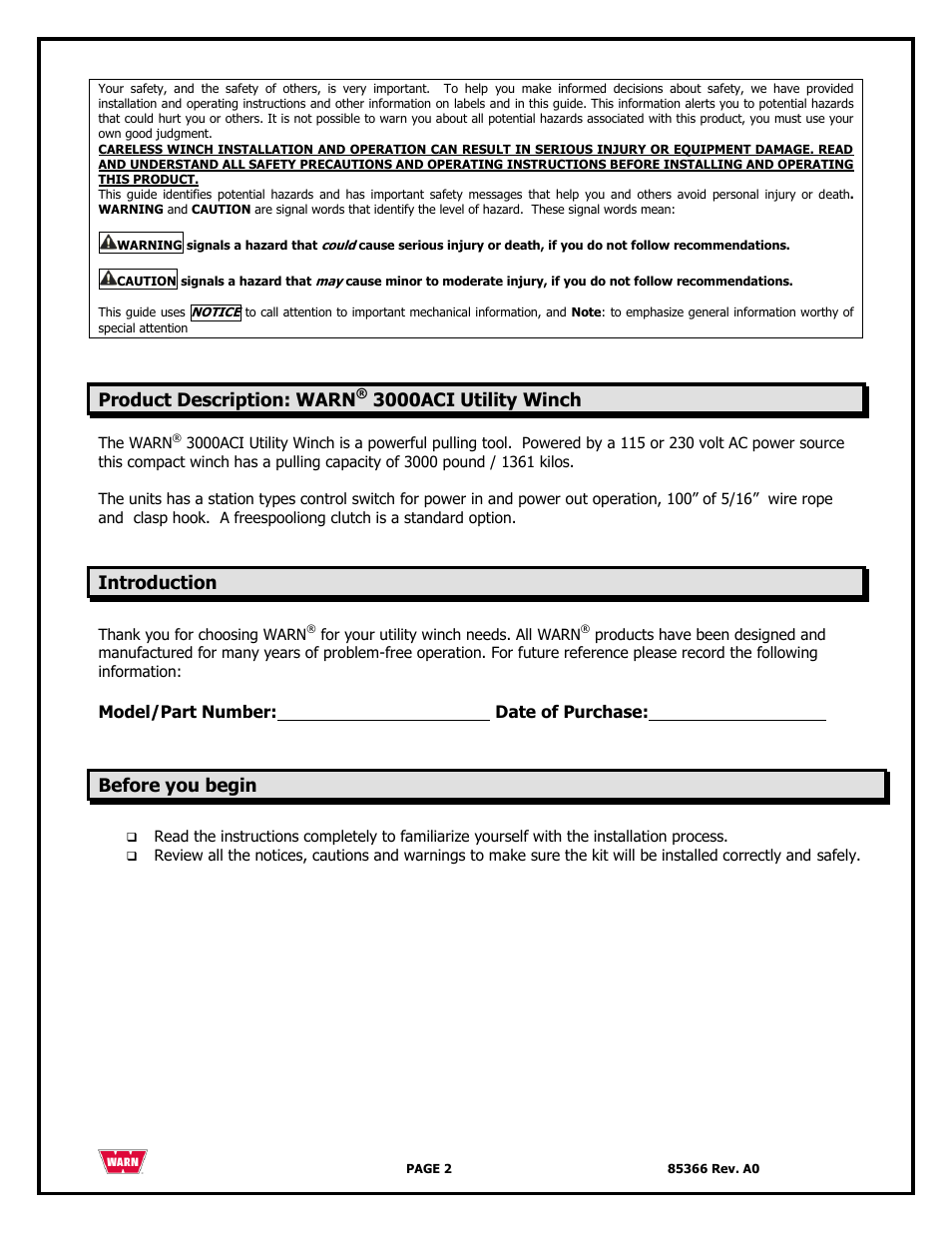 Product description: warn, 3000aci utility winch, Introduction | Before you begin | WARN 3000 ACI User Manual | Page 2 / 144