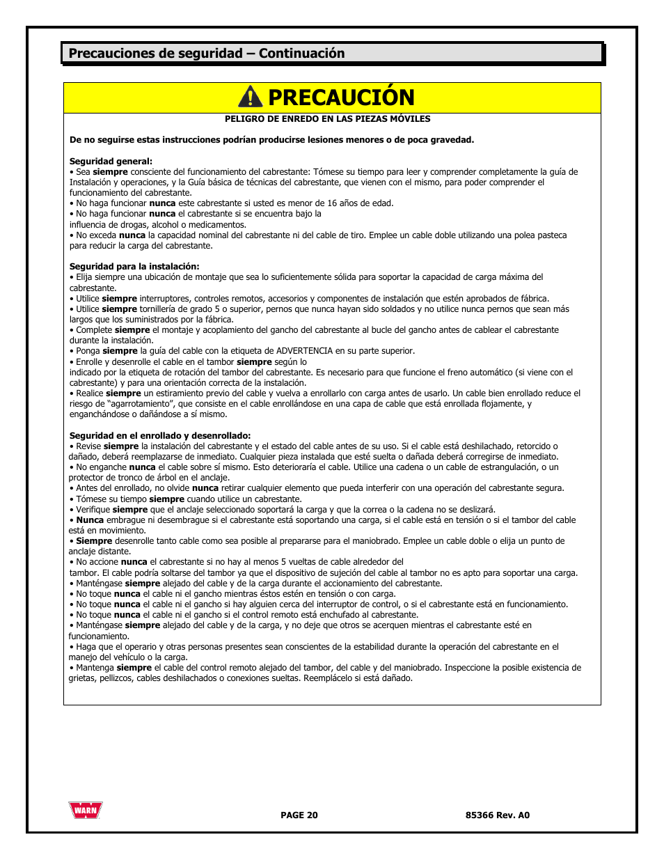 Precaución, Precauciones de seguridad – continuación | WARN 3000 ACI User Manual | Page 20 / 144