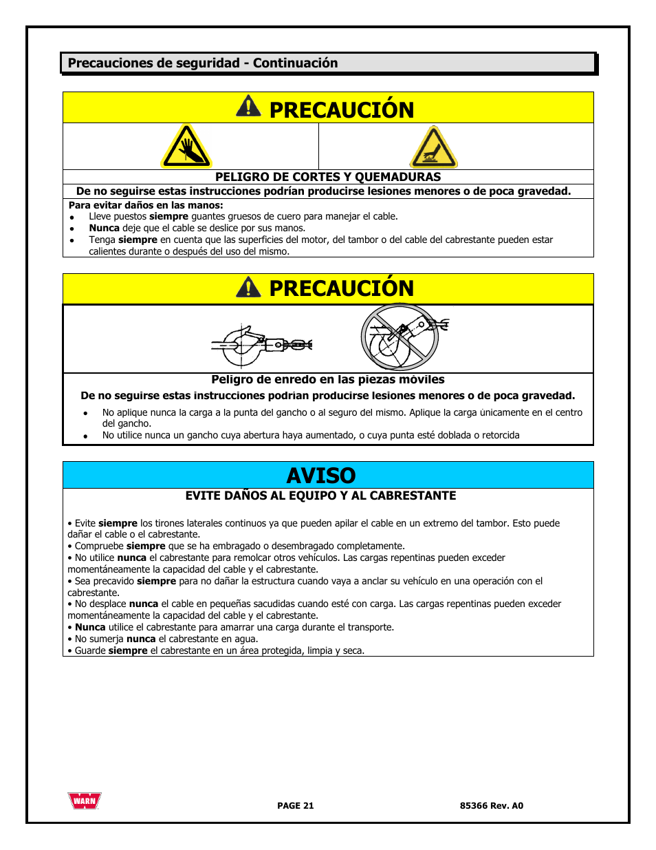Precaución, Aviso | WARN 3000 ACI User Manual | Page 21 / 144