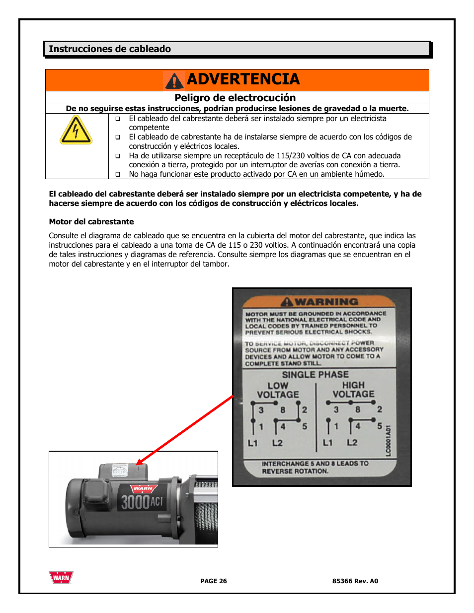 Advertencia, Peligro de electrocución | WARN 3000 ACI User Manual | Page 26 / 144