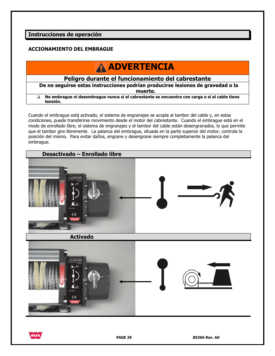Advertencia | WARN 3000 ACI User Manual | Page 29 / 144