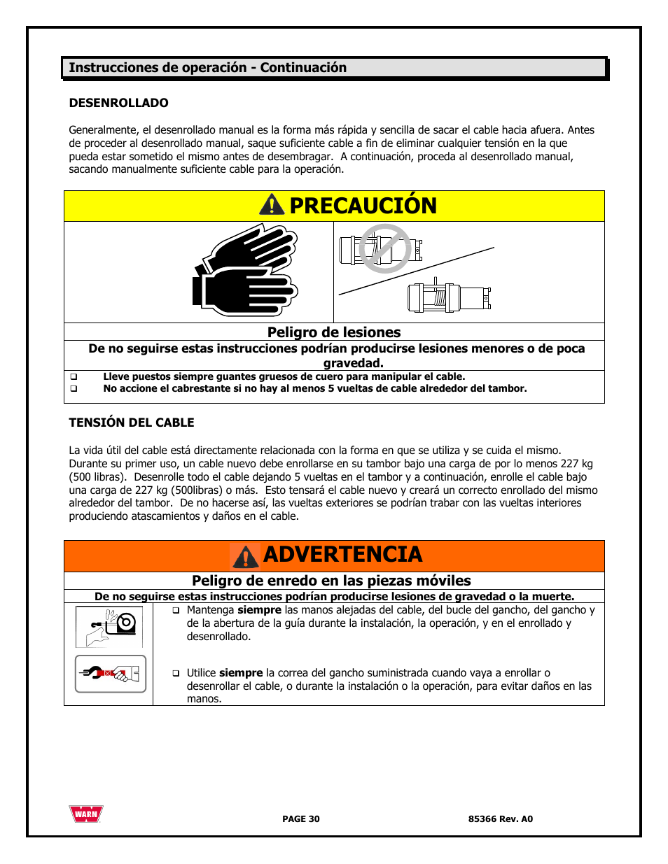 Precaución, Advertencia, Peligro de lesiones | Peligro de enredo en las piezas móviles | WARN 3000 ACI User Manual | Page 30 / 144